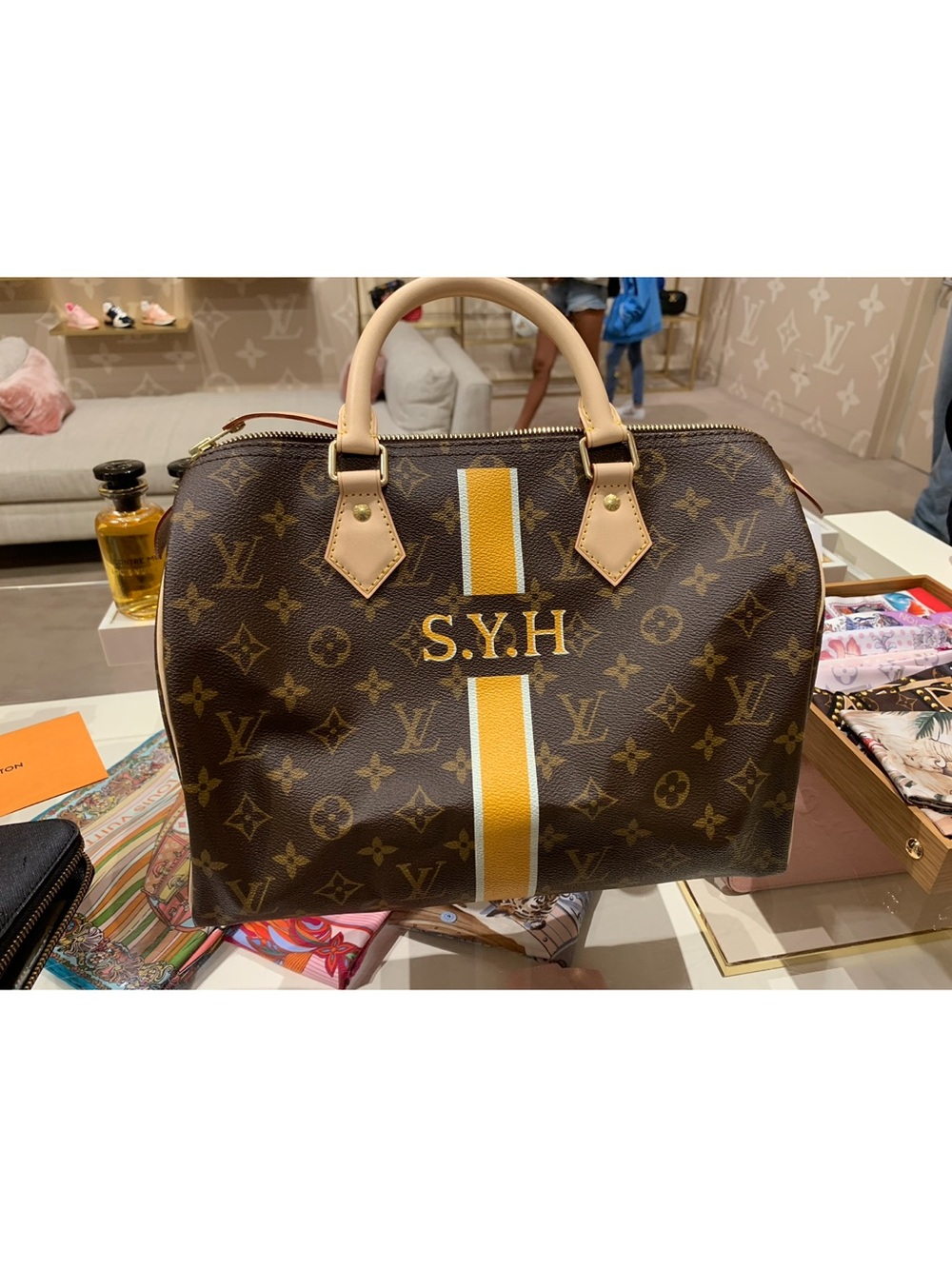Louis Vuitton Brown Monogram Satchel with Yellow Stripe and Initials